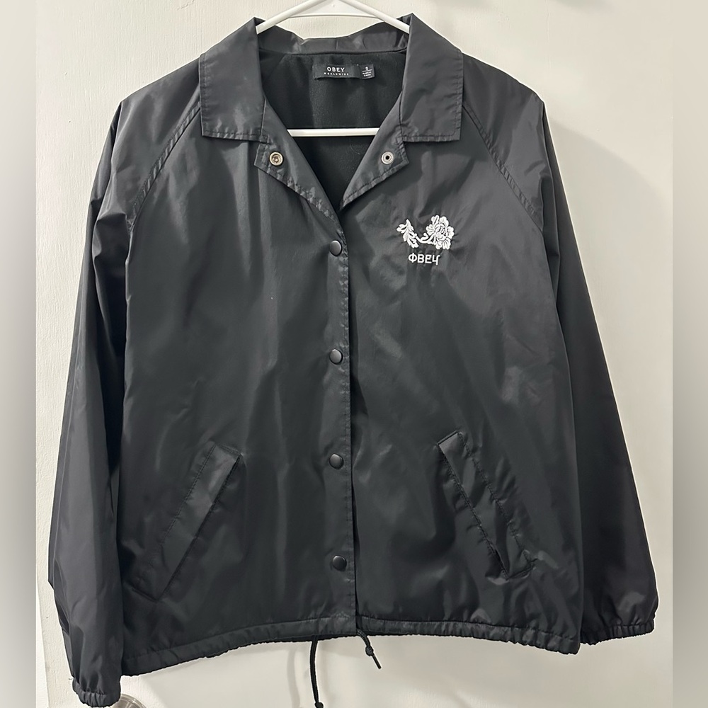 Obey Coaches Rose Embroidered Lined Wind Breaker Jacket Black (S)